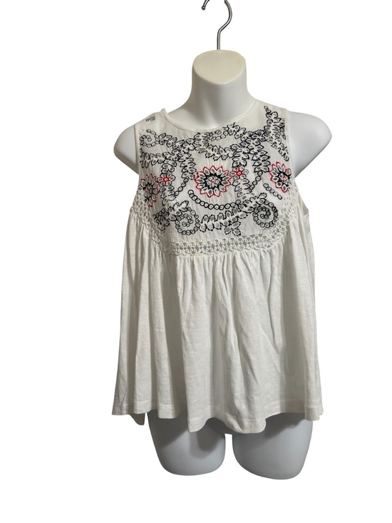 Ranna Gill Tops - Ranna Gill White Sleeveless Tank with Navy and Red Embroidery